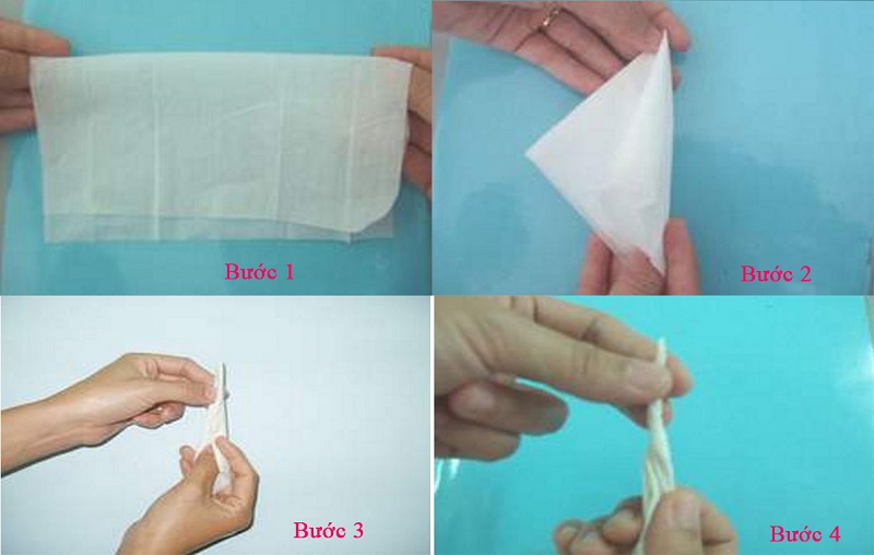 các bước sử dụng giấy lau miệng đê làm bấc làm sạch mũi cho bé
