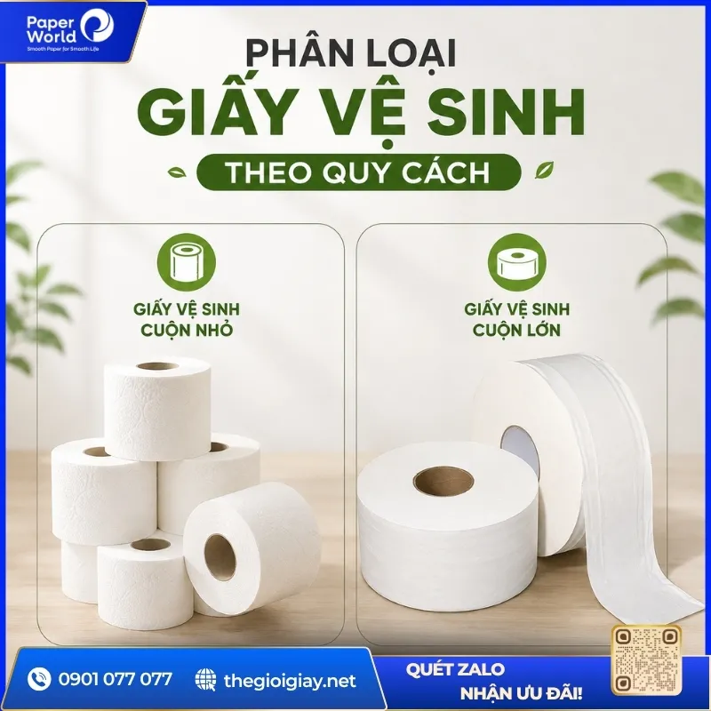 Dựa vào quy cách có thể chia giấy vệ sinh làm 2 loại chính là cuộn lớn và cuộn nhỏ.
