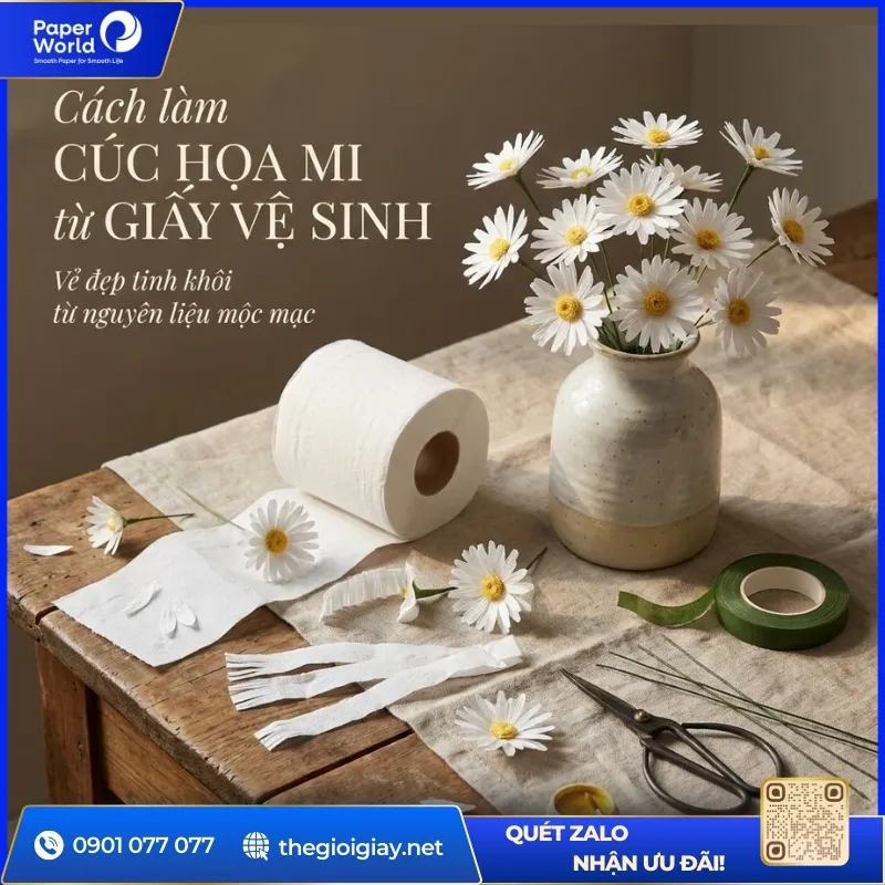 Làm hoa cúc họa mi từ giấy vệ sinh: Vẻ đẹp tinh khôi từ nguyên liệu mộc mạc
