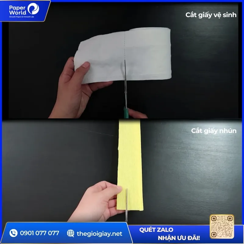 Cắt giấy là bước đầu tiên để làm hoa cúc họa mi bằng giấy vệ sinh
