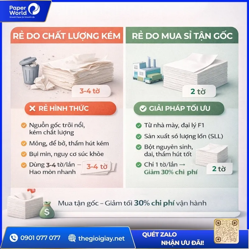 Giấy lau tay giá rẻ do tối ưu chi phí khác với giấy rẻ do giảm chất lượng