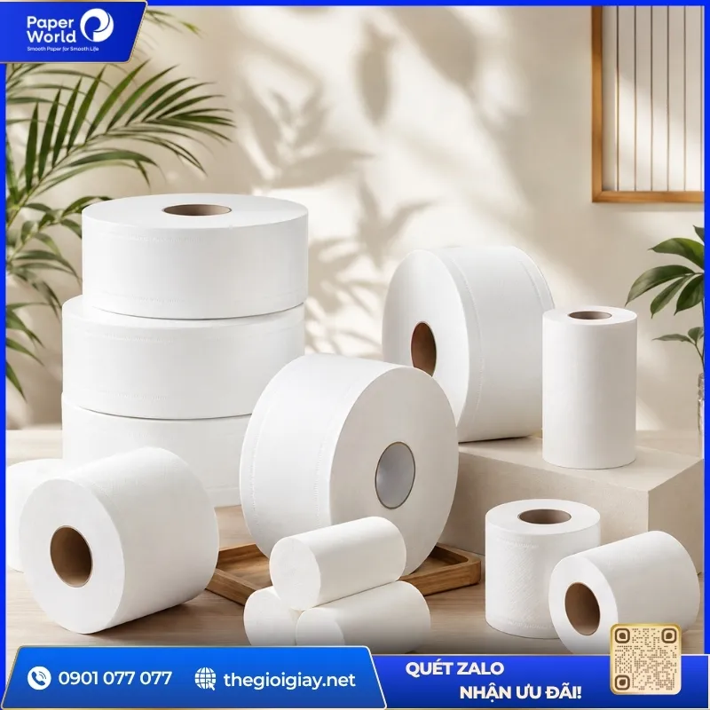 Giấy vệ sinh màu trắng cao cấp, mềm mịn và an toàn cho da.