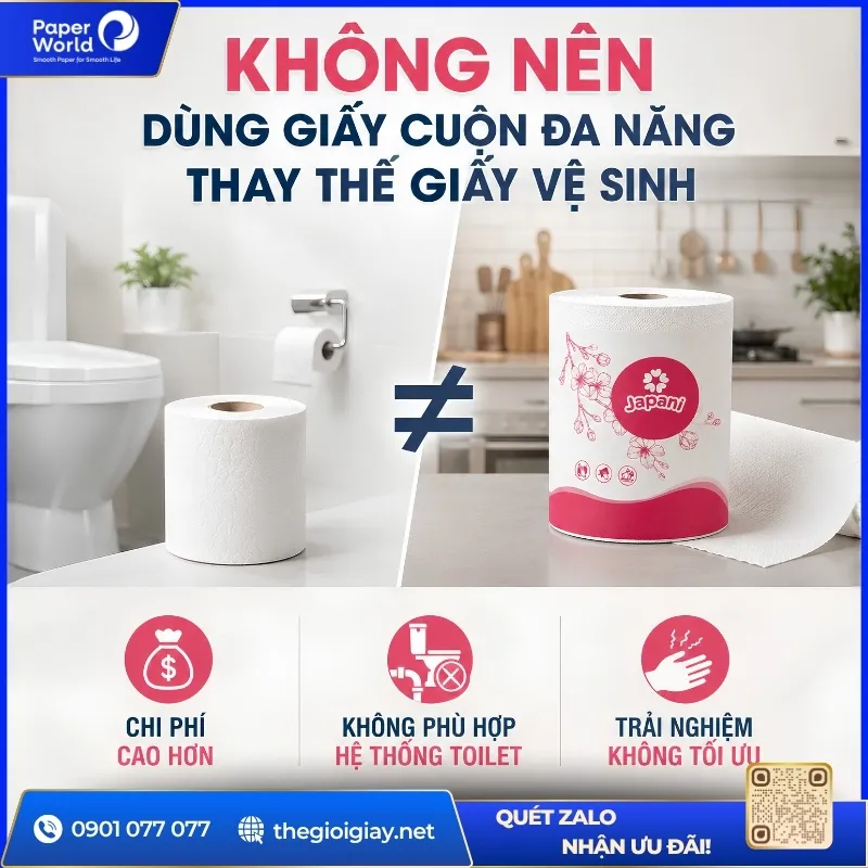 Trừ trường hợp bất khả kháng, không nên dùng giấy cuộn lớn đa năng thay giấy vệ sinh.