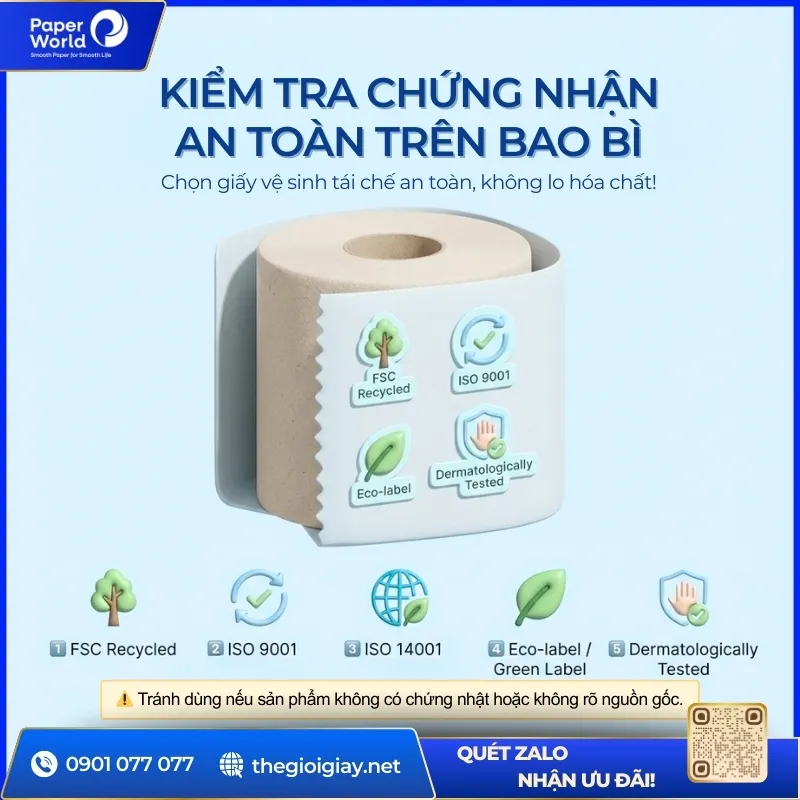 Giấy vệ sinh tái chế nên có chứng nhận an toàn trên bao bì