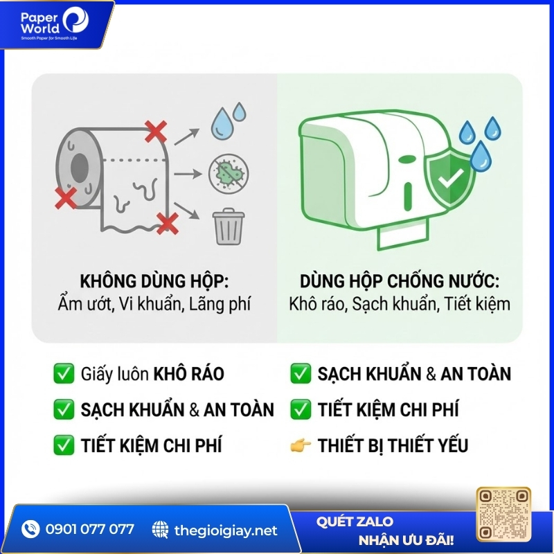 Hộp đựng giấy vệ sinh chống nước giúp giữ giấy vệ sinh luôn khô ráo và làm không gian nhà vệ sinh gọn gàng hơn