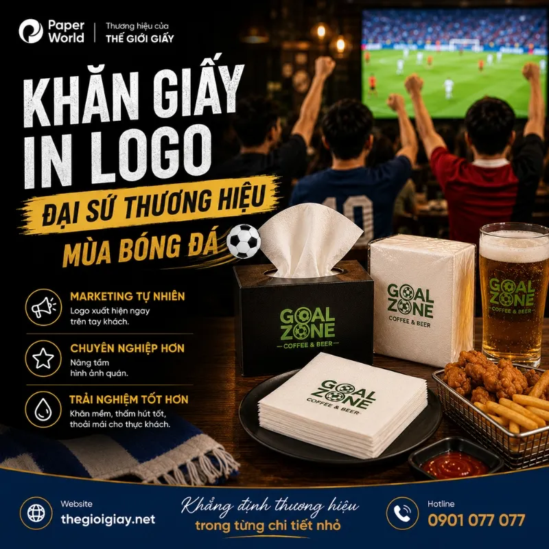 Khăn giấy in logo cho quán cafe mùa bóng đá - Đại sứ thương hiệu tinh tế trên bàn tiệc