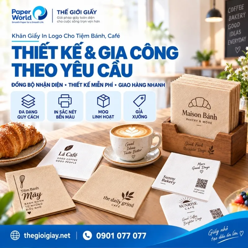 Thế Giới Giấy - Công ty chuyên thiết kế và in khăn giấy in logo cho tiệm bánh, café theo yêu cầu | Thiết kế miễn phí