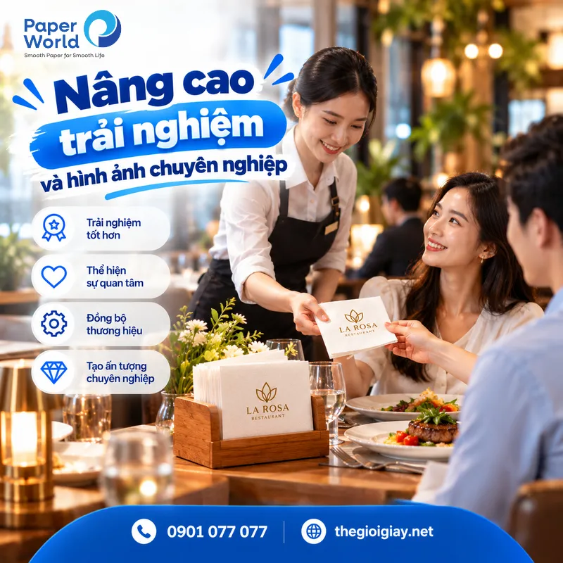 Sử dụng khăn giấy in logo giúp doanh nghiệp nâng cao trải nghiệm khách hàng và xây dựng hình ảnh chuyên nghiệp.