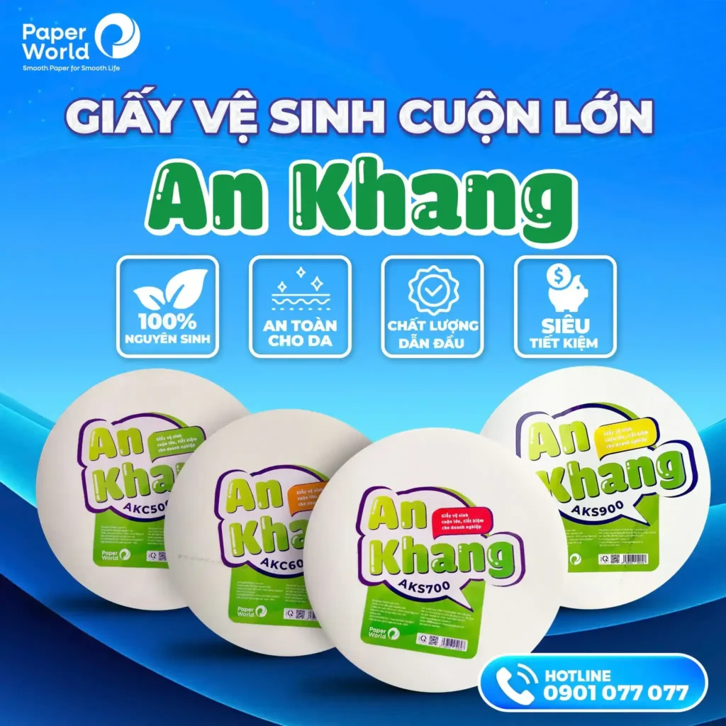 Giấy vệ sinh cuộn lớn An Khang được làm từ 100% ± 5 bột giấy nguyên sinh, an toàn cho da