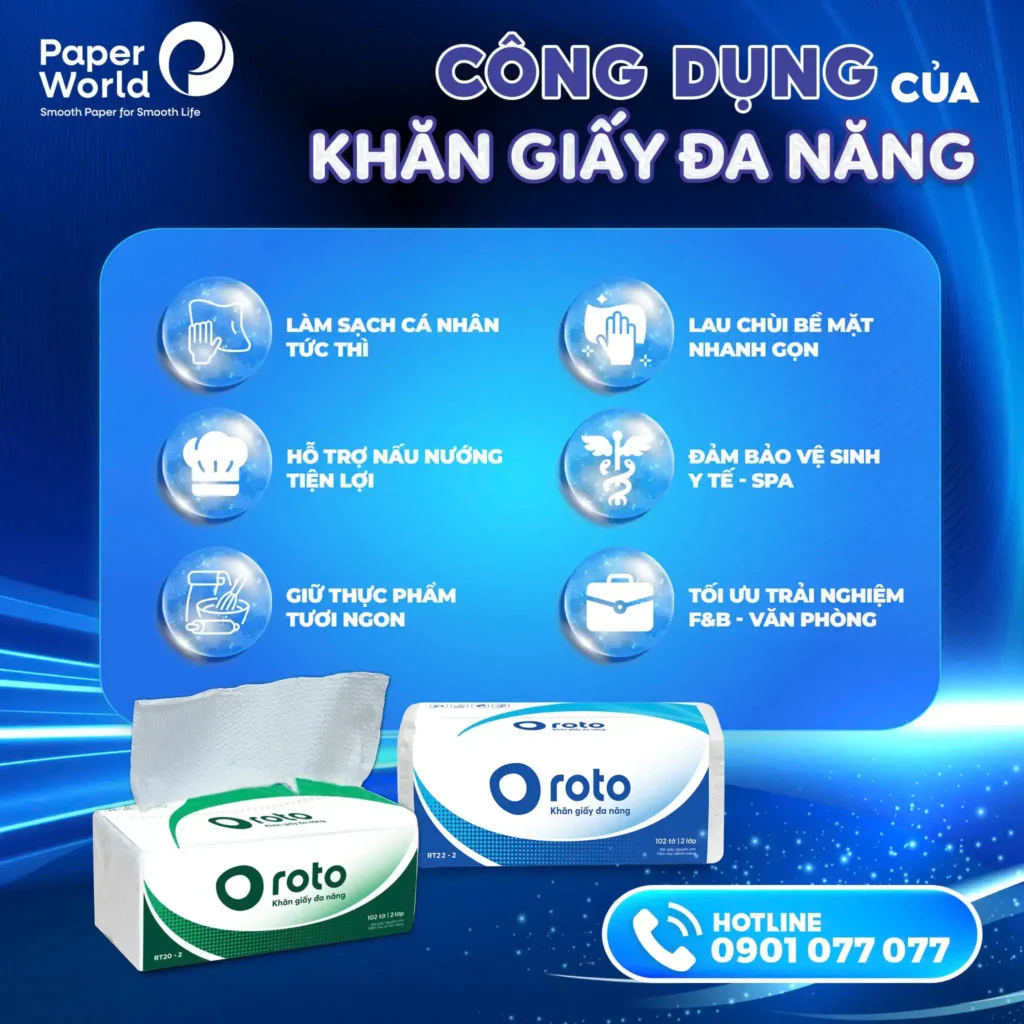 Khăn giấy đa năng có nhiều công dụng như làm sạch cá nhân, hỗ trợ nấu nướng, giữ thực phẩm tươi ngon,...